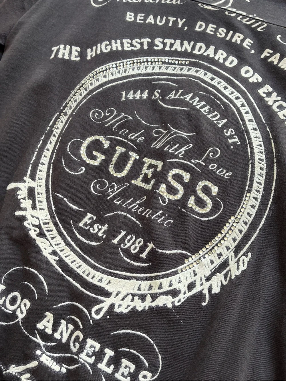 Guess Vintage Y2K 3/4 Sleeve Rhinestone Graphic Cotton Top